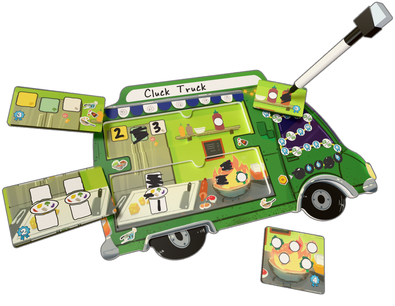 Upgrade Your Truck! Serve up delicious dishes to a long queue of hungry customers. Upgrade your truck with dry-erase tiles to out-serve the competition.